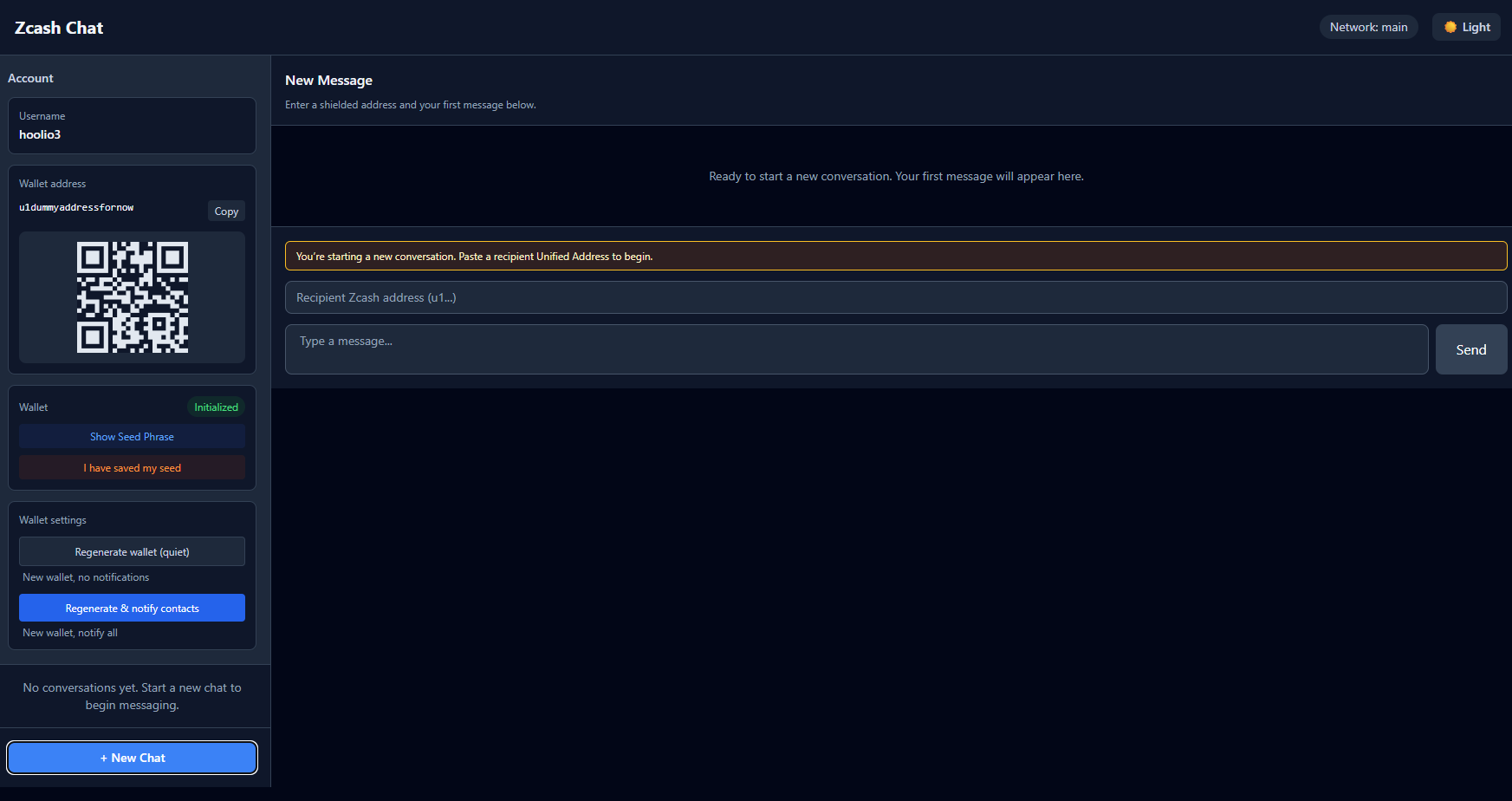 Zcash Chat application interface